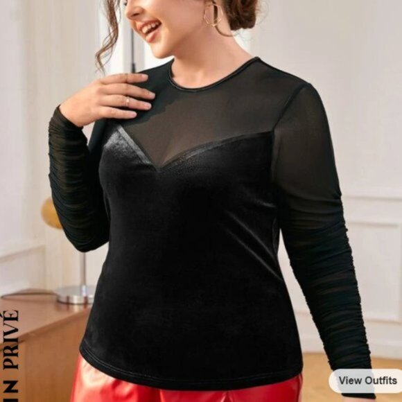 Sexy Black Velour and Mesh Long Sleeve Top with Ruched Sleeves 1XL New - Picture 2 of 6